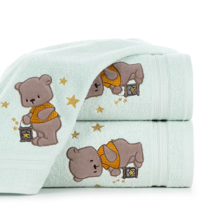 Ręcznik kąpielowy dziecięcy 50x90 cm bawełniany kolor jasnomiętowy z haftem misia 450 g/m2 BABY 62