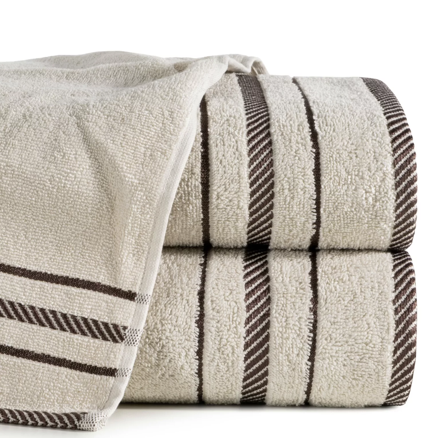 Ręcznik kąpielowy 50x90 cm bawełniany kolor beżowy z bordiurą podkreśloną żakardowymi paseczkami 480 g/m2 KORAL