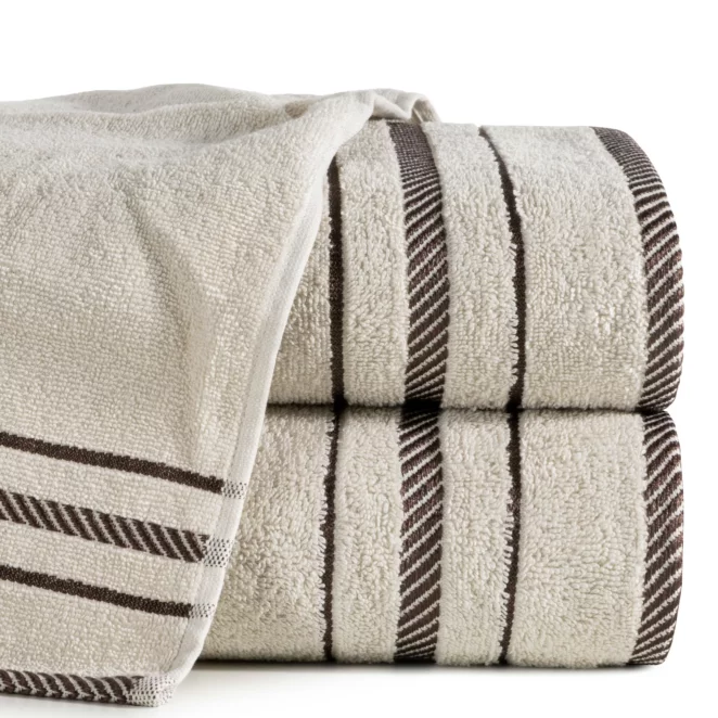 Ręcznik kąpielowy 50x90 cm bawełniany kolor beżowy z bordiurą podkreśloną żakardowymi paseczkami 480 g/m2 KORAL