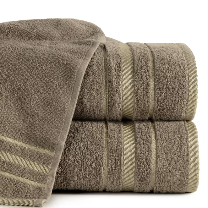 Ręcznik do rąk 30x50 cm bawełniany kolor brązowy z bordiurą podkreśloną żakardowymi paseczkami 480 g/m2 KORAL