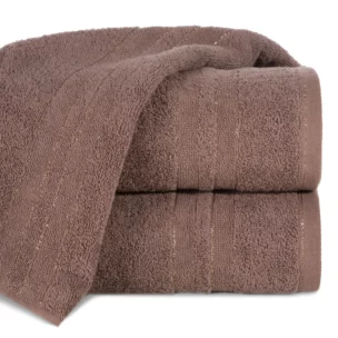 Ręcznik kąpielowy 50x90 cm bawełniany kolor jasnobrązowy z bordiurą w paski podkreślone błyszczącą nicią 500 g/m2 GALA