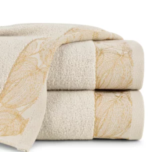 Ręcznik kąpielowy 50x90 cm bawełniany kolor beżowy,złoty z żakardową bordiurą w liście 400 g/m2 AGIS