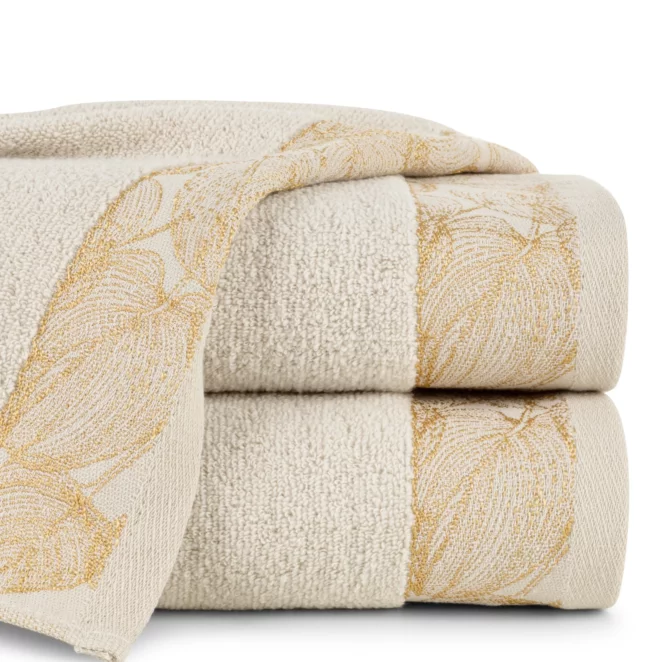 Ręcznik kąpielowy 50x90 cm bawełniany kolor beżowy,złoty z żakardową bordiurą w liście 400 g/m2 AGIS