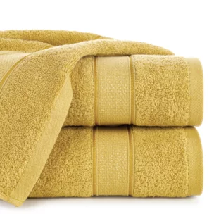 Ręcznik kąpielowy 70x140 cm bawełniany kolor musztardowy z żakardową bordiurą z nowoczesnym złotym wzorem 500 g/m2 LIANA