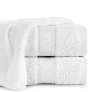 Ręcznik kąpielowy 50x90 cm bawełniany kolor biały z żakardową bordiurą z nowoczesnym złotym wzorem 500 g/m2 LIANA