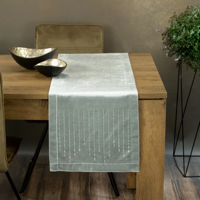 Bieżnik na stół srebrny 35x220 cm welwetowy ROYAL 3 z cyrkoniami