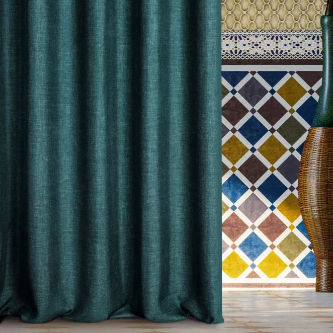 Zasłona ciemnoturkusowa o płóciennym splocie 140x250 cm przelotka - MOROCCO - TERRA COLLECTION