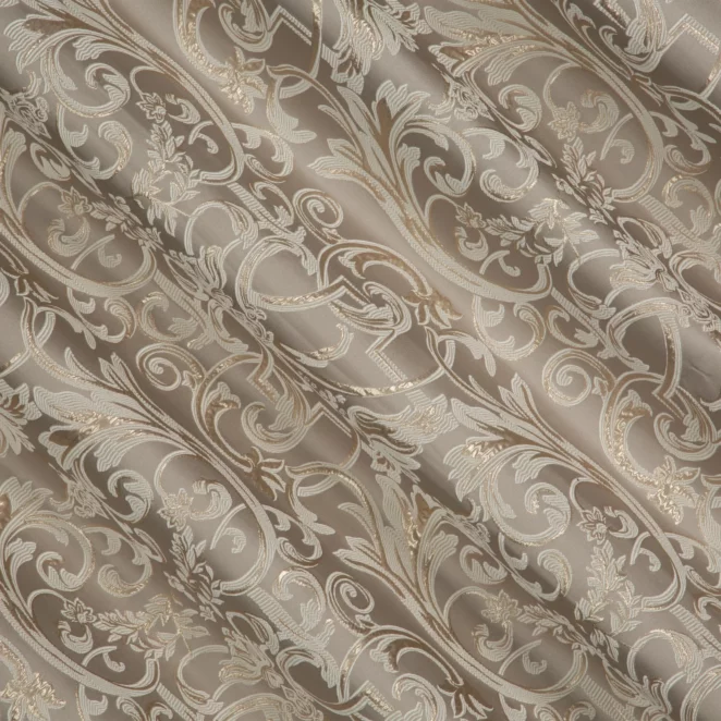M227/6 Zasłona szyta na taśmie 5 cm beżowo złota z eleganckiej tkaniny w duży wzór ornamentowy