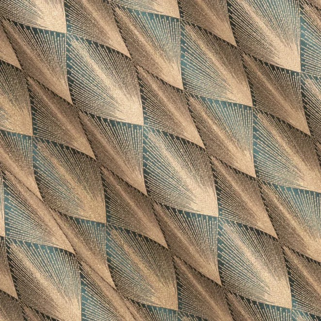 R181/8 Zasłona szyta na taśmie 5 cm turkusowo złota z tkaniny w elegancki geometryczny wzór z błyszczącą nicią