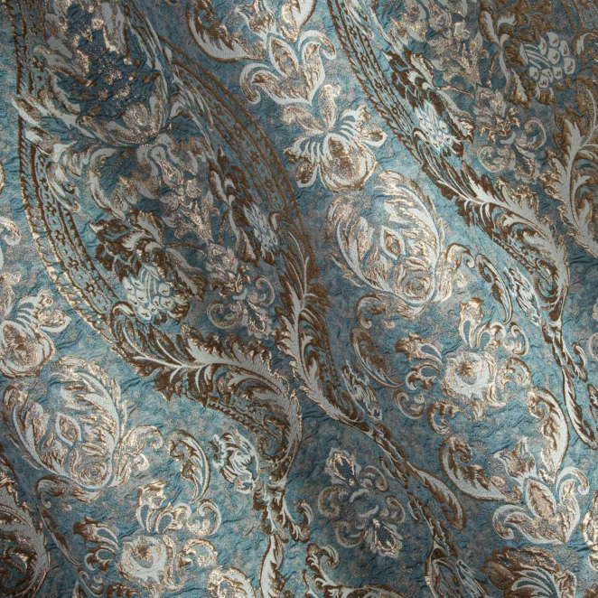 M129/5 Zasłona szyta na taśmie 5 cm ALEPPO turkusowo złocista elegancka z dużym wzorem roślinno ornamentowym z połyskliwą nicią lureksową i efektem marszczenia