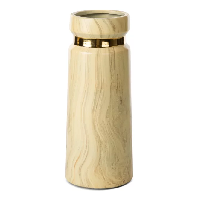 Wazon ceramiczny beżowo-złoty o nowoczesnym kształcie i marmurowej strukturze  średnica 12x30 cm  ALIZA
