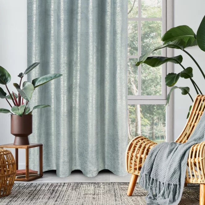 Zasłona welwetowa błękitna z prążkowanym złotym wzorem 140x250 cm przelotka - AMABEL