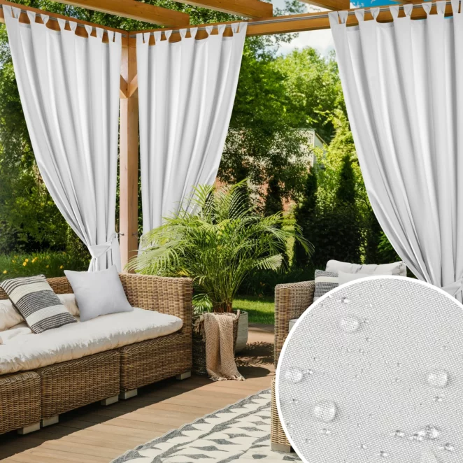 Zasłona biała z wodoodpornej tkaniny idealna do ogrodu i na taras 155x200 cm szelki/rzep - GARDEN