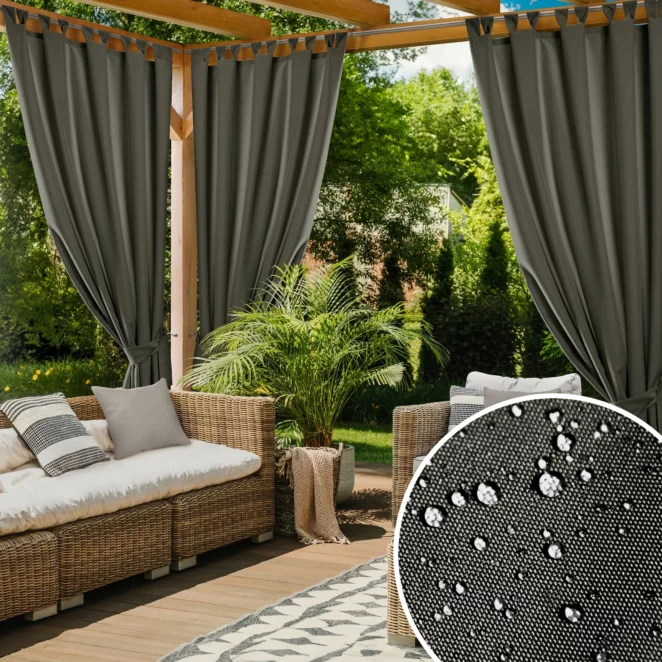 Zasłona grafitowa z wodoodpornej tkaniny idealna do ogrodu i na taras 155x220 cm szelki/rzep - GARDEN