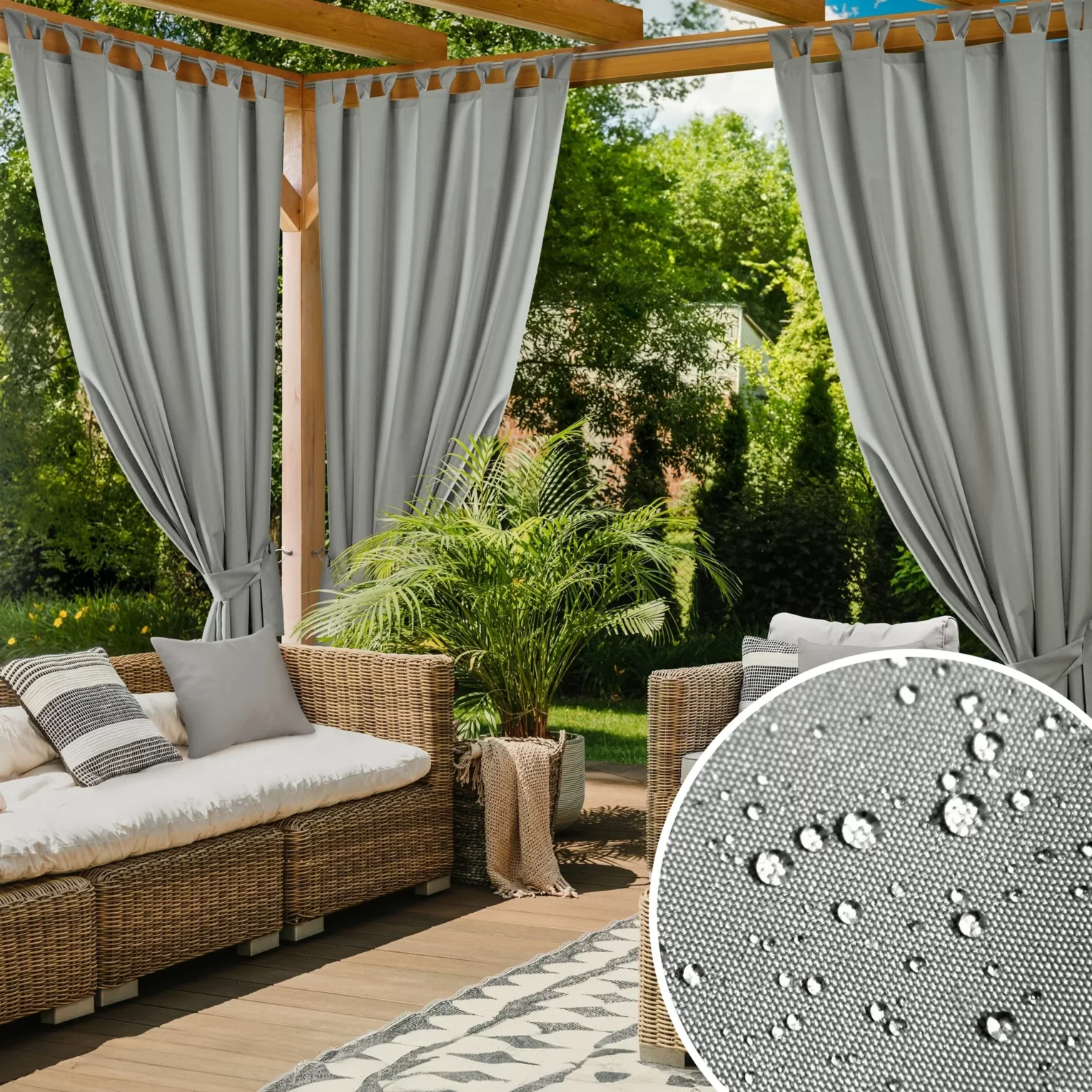 Zasłona srebrna z wodoodpornej tkaniny idealna do ogrodu i na taras 155x200 cm szelki/rzep - GARDEN