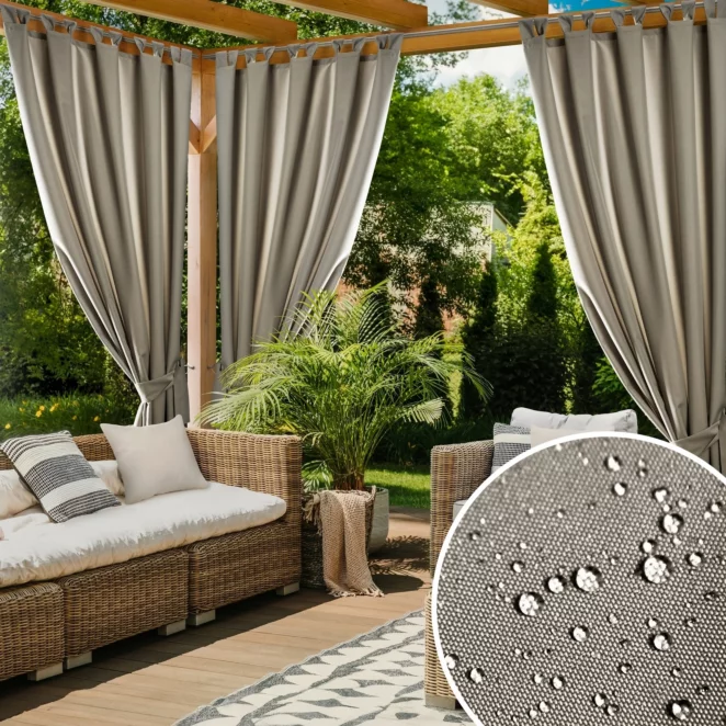 Zasłona beżowa z wodoodpornej tkaniny idealna do ogrodu i na taras 155x240 cm szelki/rzep - GARDEN