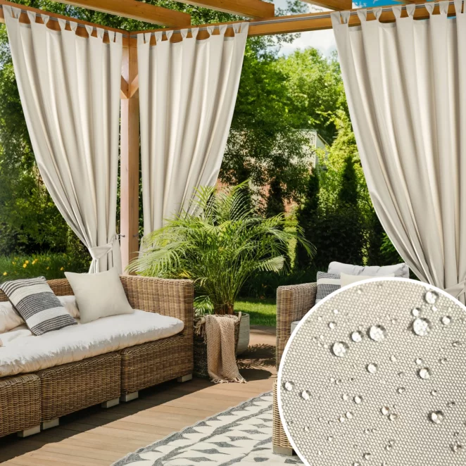Zasłona jasnobeżowa z wodoodpornej tkaniny idealna do ogrodu i na taras 155x220 cm szelki/rzep - GARDEN