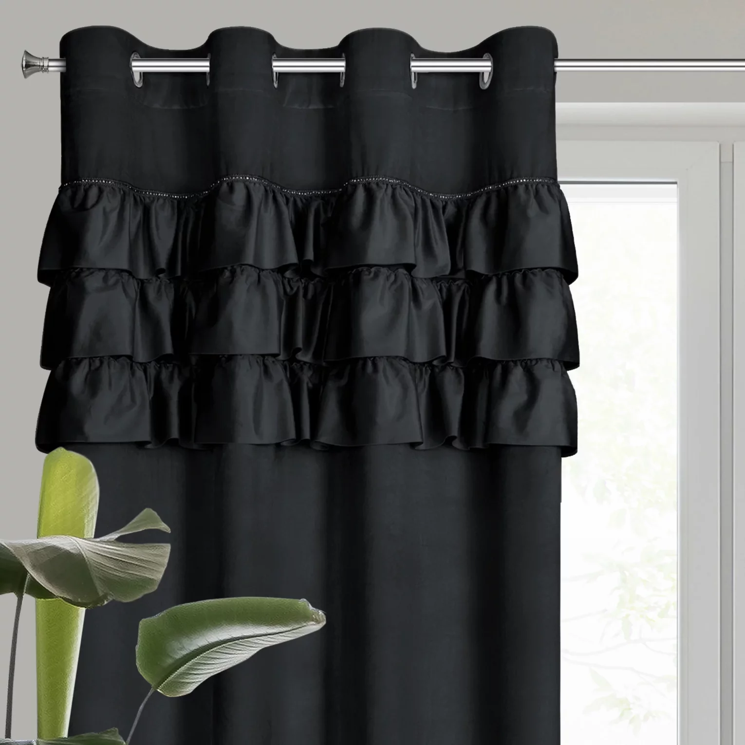 Zasłona welwetowa czarna zdobiona falbanami z 140x250 cm przelotka - SAMI