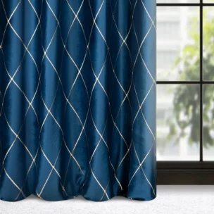 Zasłona welwetowa granatowo, złota haftowana w duże karo 140x250 przelotka - MARGO - Pierre Cardin