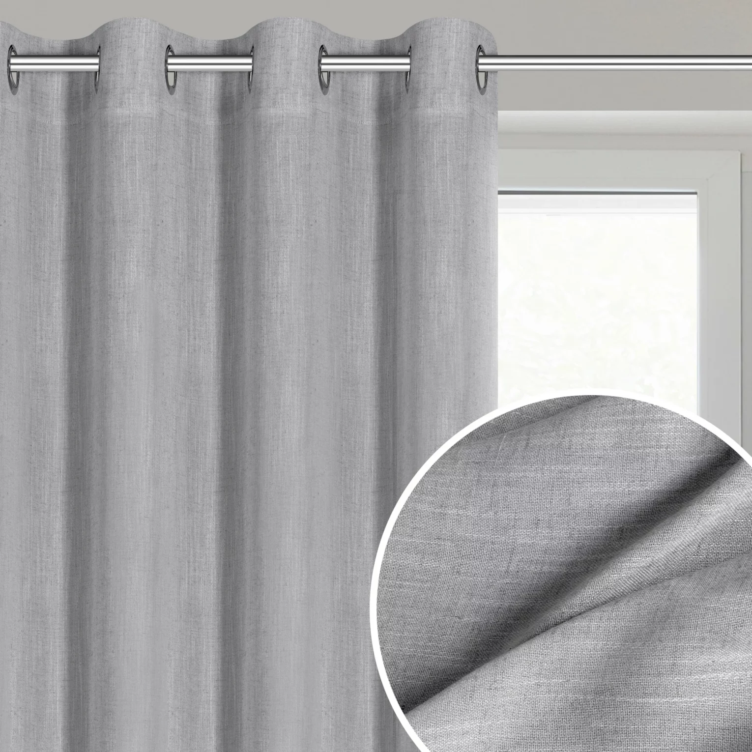 Zasłona srebrna z dodatkiem lnu w stylu eko 140x250 cm przelotka - LATIKA