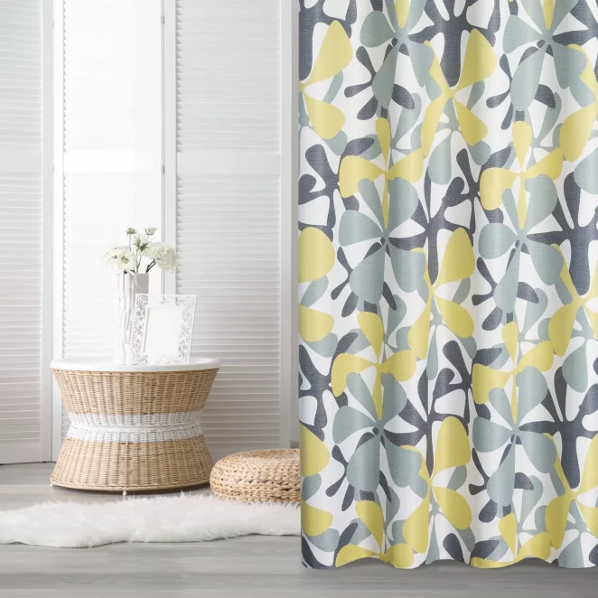 Zasłona biało, żółta w graficzny wzór kwiatów 140x250 cm przelotka - DORIN - Design 91