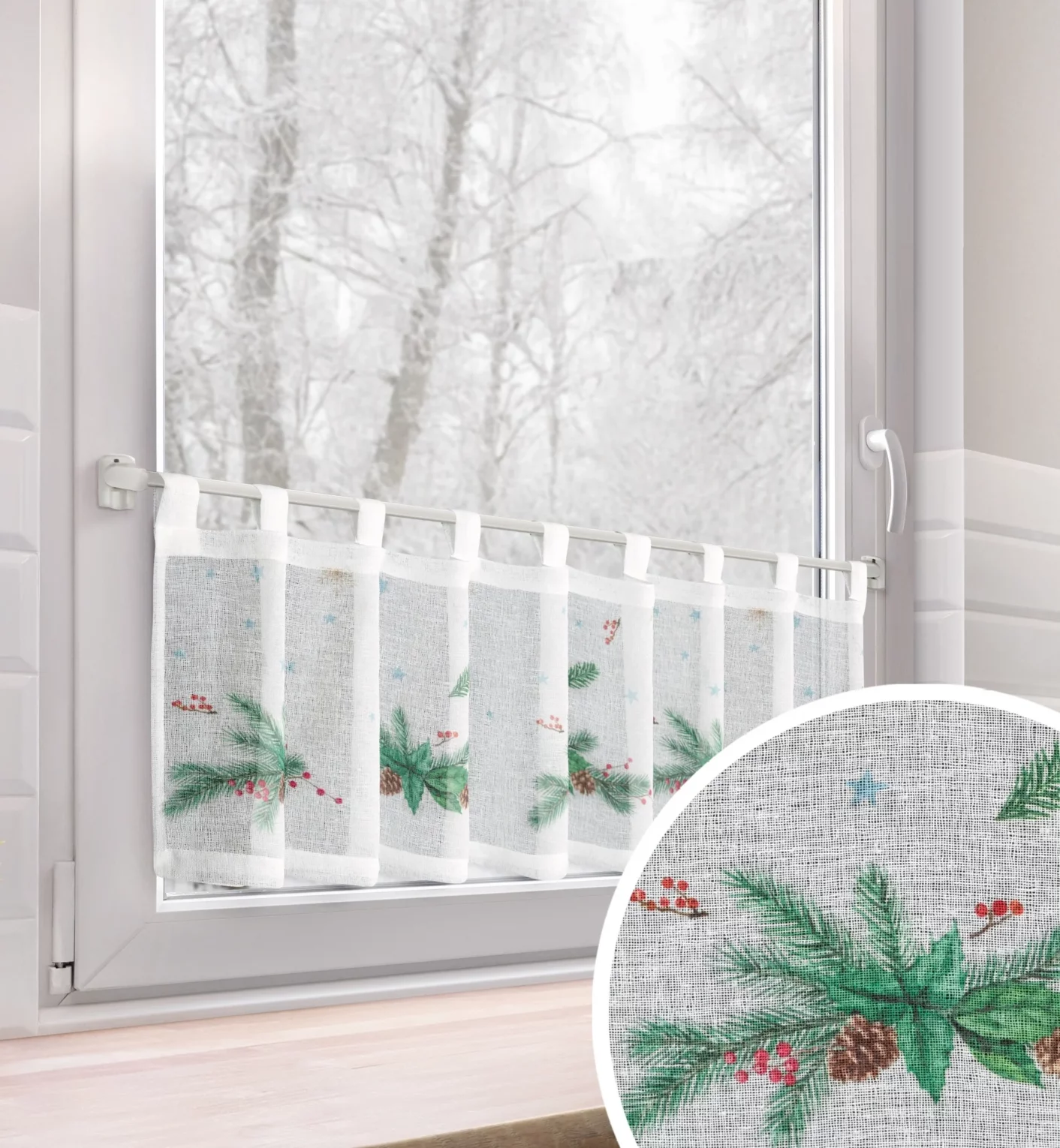 Zazdrostka biało, zielona z etaminy zdobiona świątecznym nadrukiem 150x30 cm szelki - XMAS 4