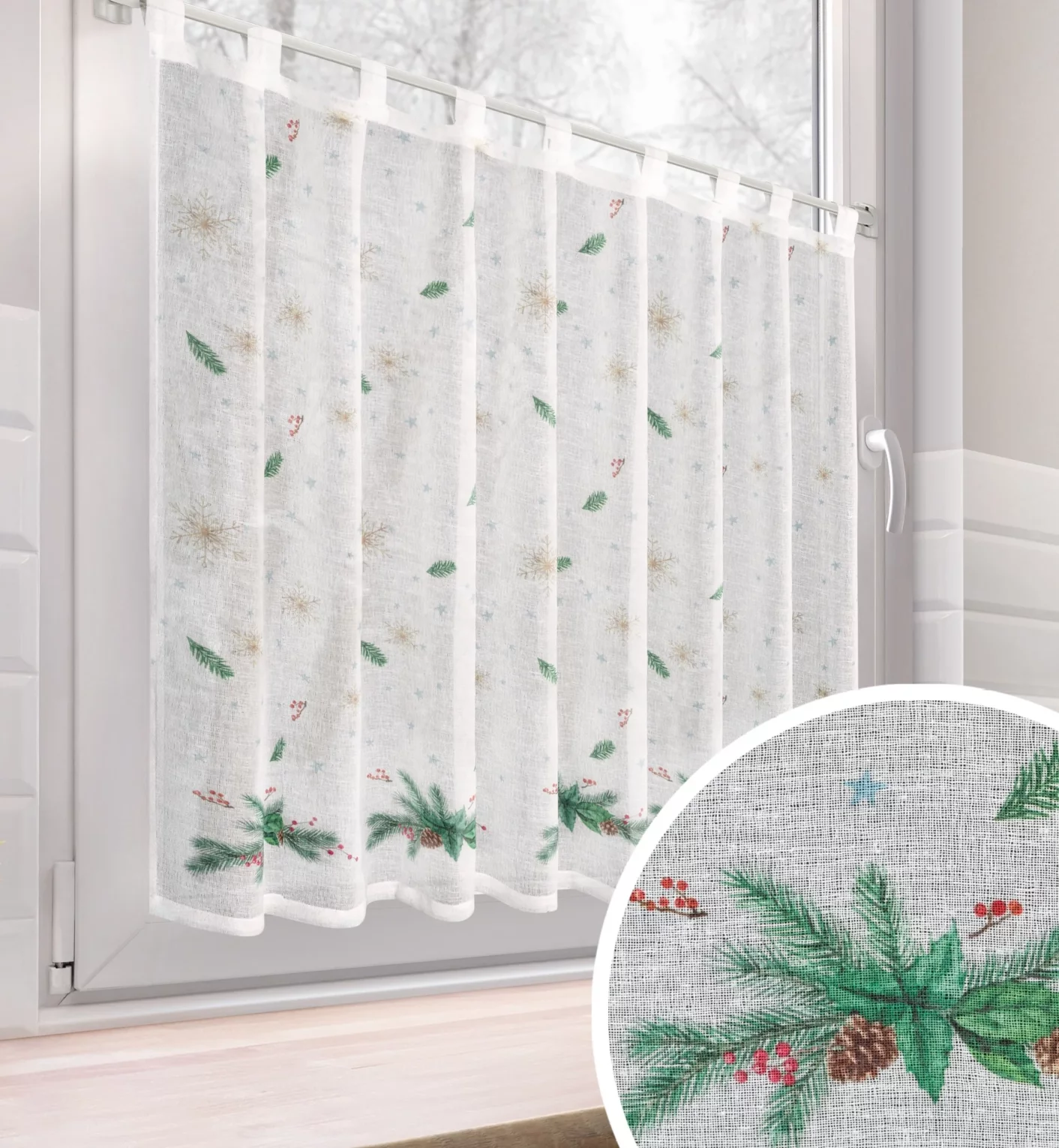 Zazdrostka biało, zielona z etaminy zdobiona świątecznym nadrukiem 150x90 cm szelki - XMAS 4