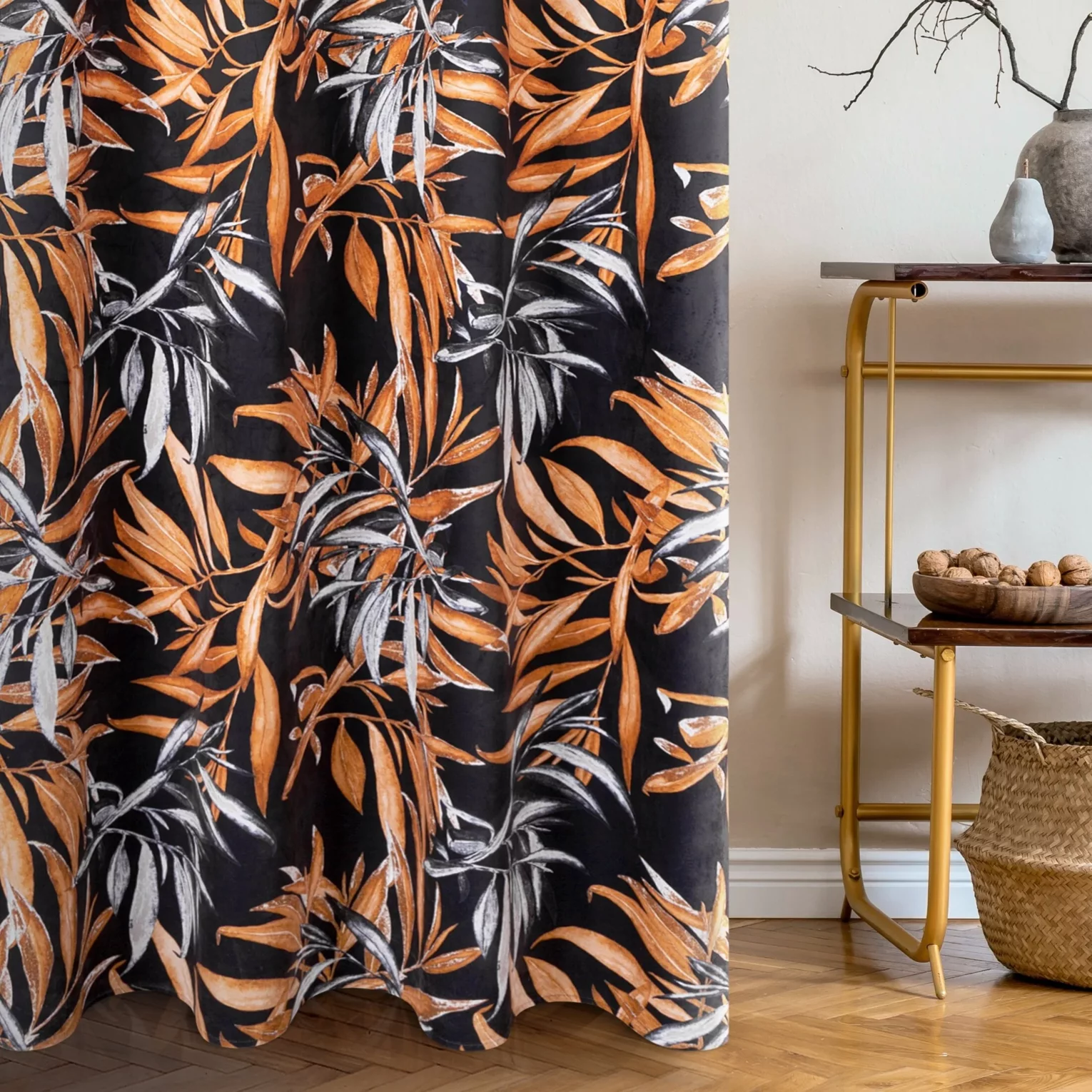 Zasłona welwetowa czarno, ruda w stylu botanic 140x250 cm przelotka - ZOJA - Pierre Cardin
